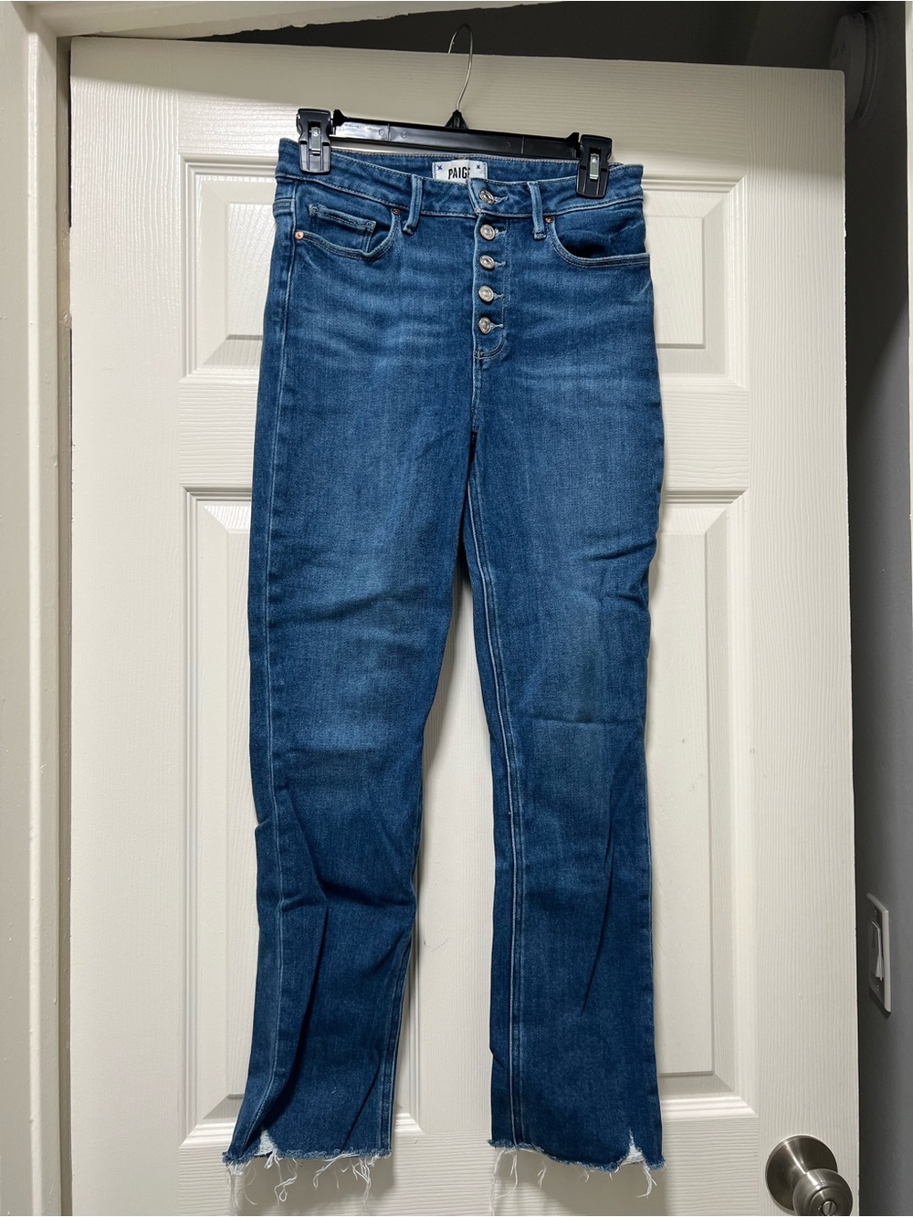 PAIGE High-Rise Button-Fly Medium Blue Straight Jeans